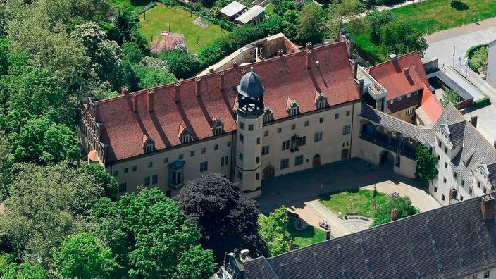 Luftbild des Lutherhauses Wittenberg. 