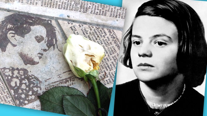Bildmontage: Flugblätter der Widerstandsgruppe "Weiße Rose" - Portrait von Sophie Scholl