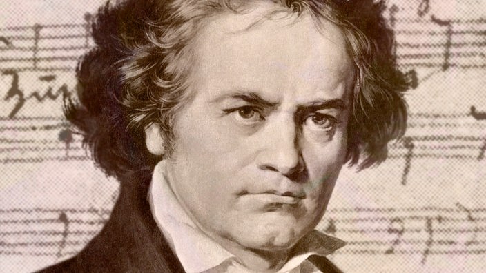 Zeichnung von Beethoven mit Notenblatt im Hintergrund