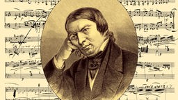 historische Noten-Handschrift und Portrait von Robert Schumann
