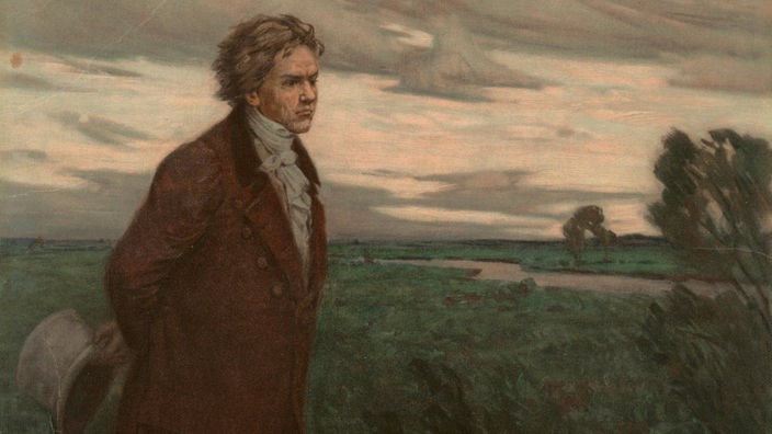 Öldruck "Beethoven als Spaziergänger" um 1890, nach einem Gemälde von Berthold Genzmer.