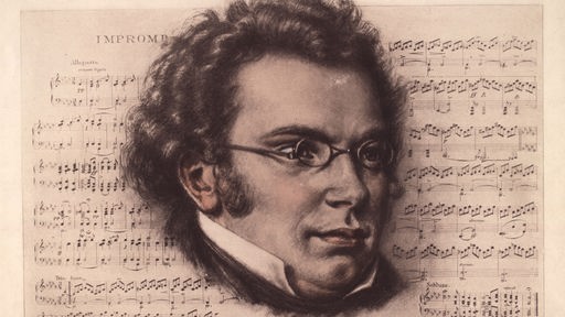 Schwarz-Weiß Zeichnung von Franz Schubert vor einem Notenblatt
