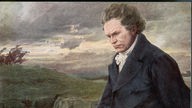 Zeichung: Ludwig van Beethoven auf einem Spaziergang an einem windigen Tag, mit einer Hand im Mantel