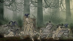 Illustration: Skelette liegen nachts im Wald mir Raben auf den Köpfen