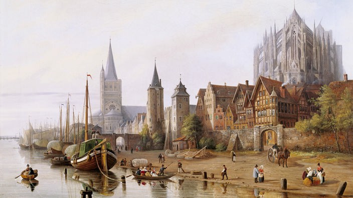 Köln, ca. 1850. Das Rheinufer in Köln mit der Baustelle des Kölner Dom im Hintergrund in einem Gemälde von Johann Heinrich Hintze