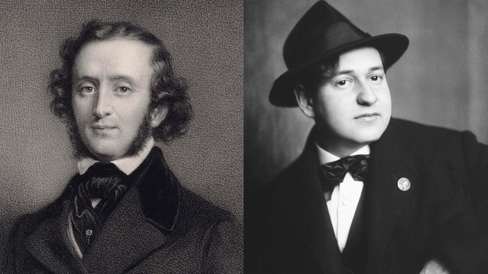 Collage: Links der Komponist und Pianist Felix Mendelssohn Bartholdy. Rechts daneben Erich Wolfgang Korngold, Komponist und Dirigent.