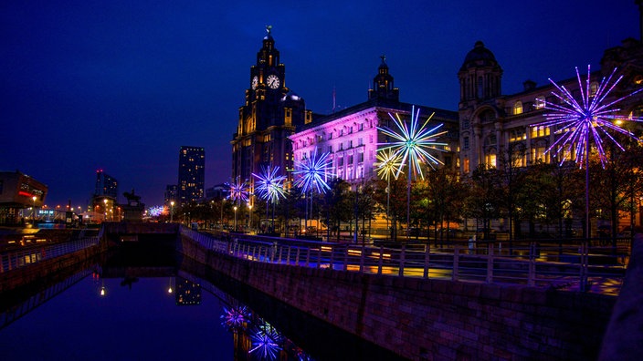 River of Light Festival in Liverpool, elektrische, bunte Pusteblumen entlang des Flusses.