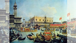 "Christi Himmelfahrt in Venedig", und Detail eines Bootess. Gemälde von Antonio Canaletto (1697-1768) 