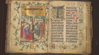 Doppelseite mit Darstellung der Kreuzigung Christi und Gebet 'Te Igitur' aus einem Messbuch