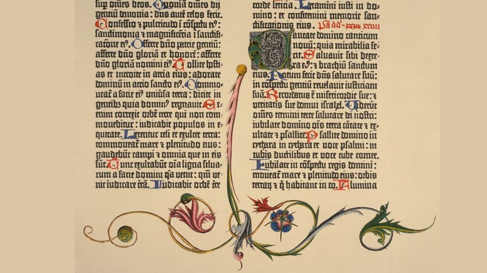 Initiale C (Cantate Domino canticum) Psalm 98, Singet dem Herrn ein neues Lied. Gutenbergbibel ca 1455