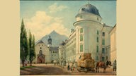Hofburg und Franziskanerkirche in Innsbruck, Tirol (Hofburgfassade zum Rennweg mit Hofkirche und Tor zum Burggraben; im Hintergrund die Serles), Aquarell, 1845, von Jakob Alt (1789-1872)