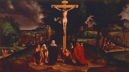 Christus am Kreuz mit Maria, Johannes, Maria Magdalena und den Frauen. Gemälde von Andrea Previtali (um 1470/80 - 1528)