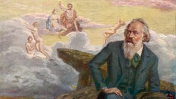 Gemälde von Johannes Brahms in Pastellfarben, im Hintergrund göttliche Gestalten auf Wolken.