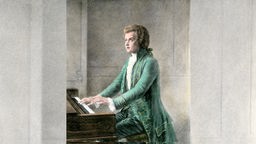 Wolfgang Amadeus am Klavier (Handkoloriertes Rasterbild eines Gemäldes aus dem 19. Jahrhundert)