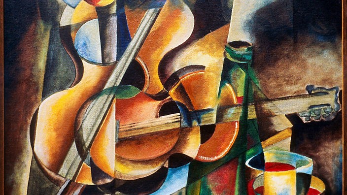 Ölbild von Volker von Mallinckrodt im kubistischen Stil mit Gitarren, Äpfeln und Rotwein Kubismus.