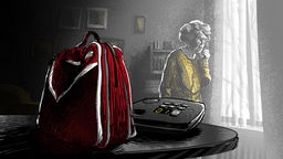 Illustration ARD Radio Tatort; "Dein Freund und Helfer" von Erhard Schmied: Eine ältere Dame ist am Telefon, im Vordergrund steht ihre Handtasche.