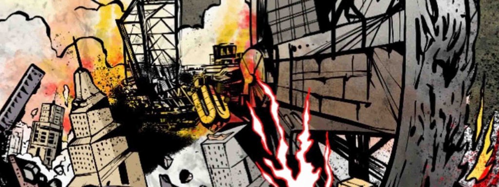 Illustration zum Hörspiel "Baggergeddon": Es sind ein Braunkohlebagger, Flammen und Hubschrauber zu sehen.