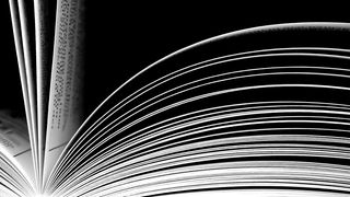 Schwarz-Weiß Bild von aufblätternden Buchseiten.