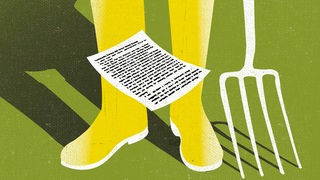 Illustration: Gelbe Stiefel, ein beschriebenes Blatt und eine Heugabel.