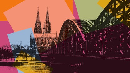 Panorama von Köln bunt hinterlegt.