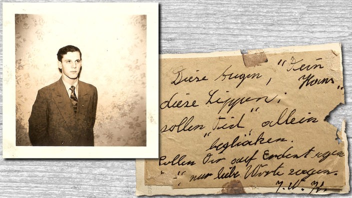 Portrait von Johann Koinegg (altes Polaroid) und handgeschriebene Postkarte.