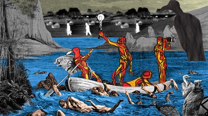 Gezeichnete Collage: Drei Fabelwesen auf einem Boot, im Wasser mehrere Menschen, im Hintergrund Lichtgestalten.