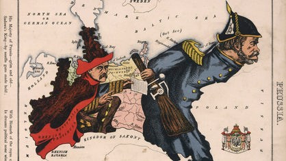 Landkarte, die Umrisse von Preussen gestaltet als Karikatur Wilhelms I. und Bismarcks in Anspielung auf Bismarcks Einfluss auf Wilhelm.