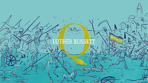 Hörspiel Q - Illustration zeigt Männer im Krieg, davor die Schrift "Q - Luther Blissett".