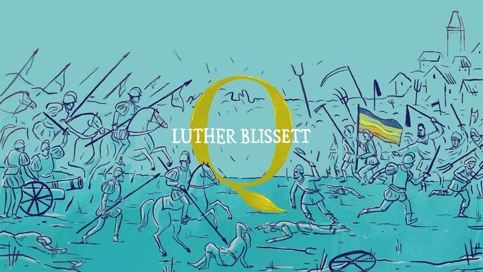 Hörspiel Q - Illustration zeigt Männer im Krieg, davor die Schrift "Q - Luther Blissett".