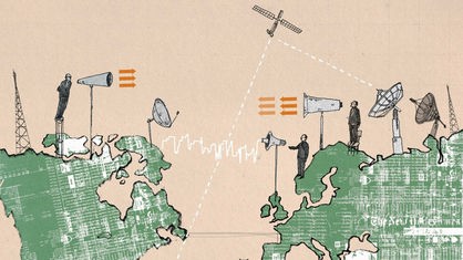 Illsutration: Menschen kommunizieren über Schallwellen von Kontinent zu Kontinent.