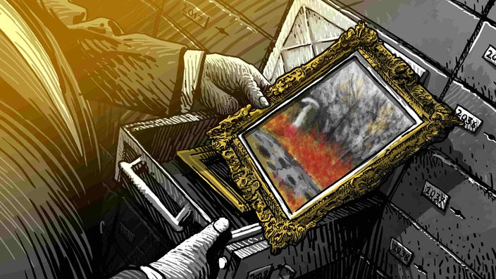 Illustration Radio Tatort: Ein Kunsthändler hält ein Gemälde aus seiner Sammlung in der Hand.
