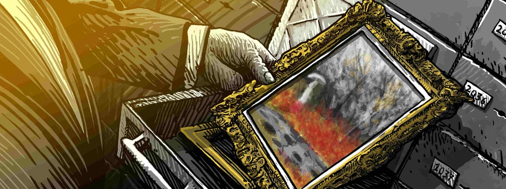 Illustration Radio Tatort: Ein Kunsthändler hält ein Gemälde aus seiner Sammlung in der Hand.
