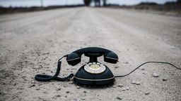 Ein altes Telefon steht einsam auf einer staubigen Straße.