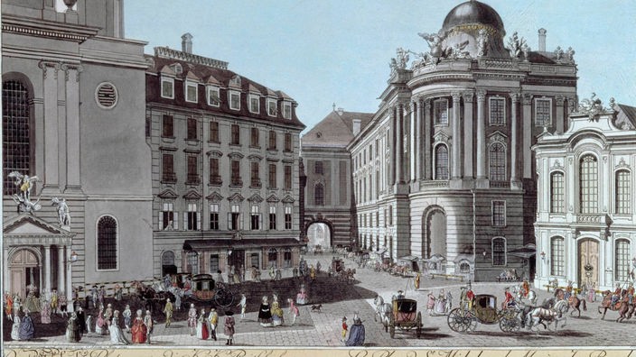 Eine alte Zeichnung des Michaelsplatz in Wien 1783. Gezeichnet von Carl Schütz.
