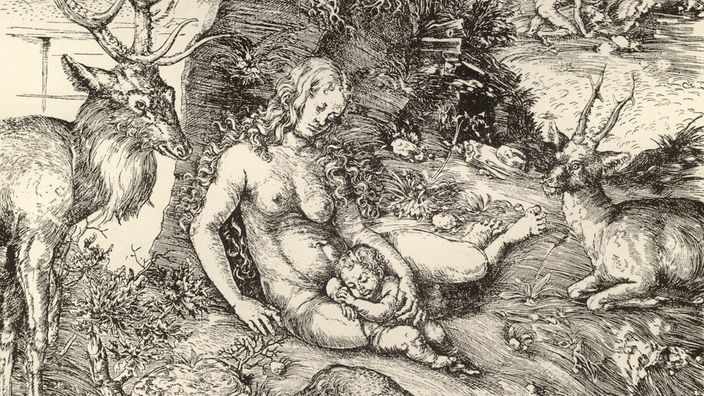 Gemälde von Lucas Cranach dem Älteren: Genoveva von Brabant mit ihrem Sohn Schmerzensreich und Tieren in der Wildnis.