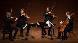 Die Musiker des Danish String Quartet spielen bei einem Konzert in New York im Jahr 2020 auf ihren Instrumenten.