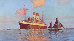 Gemälde eines Dampfschiffs auf dem Wasser, im Vordergrund ein Segelboot.