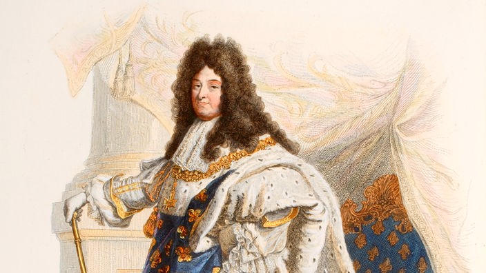Kolorierter Kupferstich von Ludwig XIV., dem "Sonnenkönig".