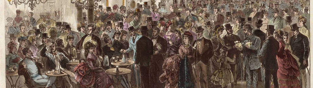 Gemälde: Cafe auf dem Boulevard Montmartre mit zahlreichen Gästen an einem Sommerabend 1869.