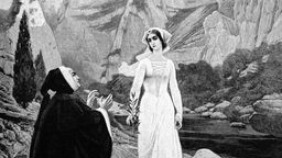 Schwarz-Weiß-Zeichnung von Petrarca und Laura, die sich vor einer Berg-Kulisse begegnen.