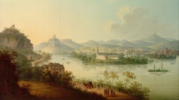 Diezler, Johannes Jakob: Rheinlandschaft mit Burg Rolandseck, Insel Nonnenwerth und Siebengebirge mit Burg Drachenfels (1829)