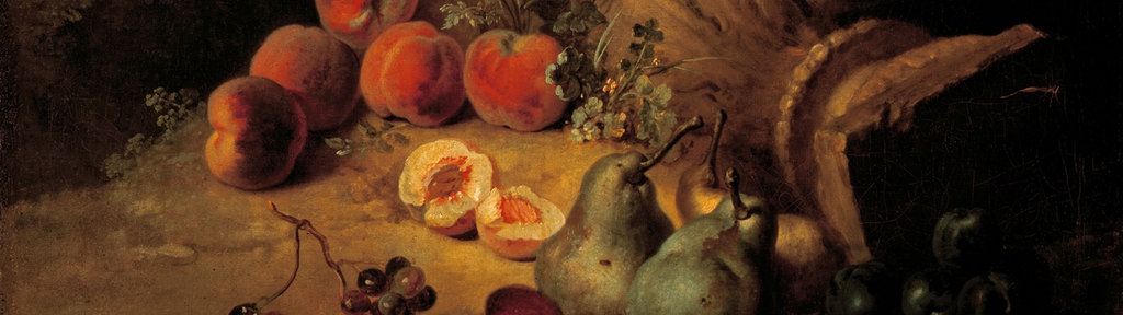 Gemälde "Stilleben mit Fruechten" von J.B.Oudry: Äpfle, Trauben, Pflaumen und anderes Früchte in warmem goldigen Licht.