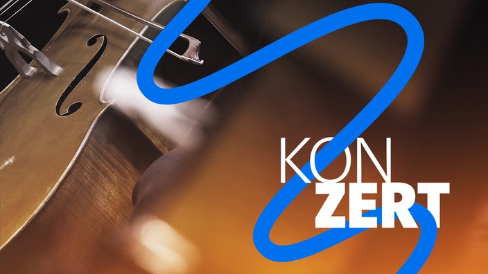 Hinter dem Schriftzug "Konzert" ist ein Teil eines Violoncellos mit Bogen dargestellt.