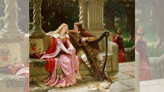 Gemälde von Tristan und Isolde. Sie mit weißem Kleid, er in ritterlichem Gewand.