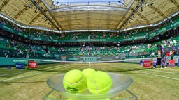 Eine SChale mit drei Tennisballen, im Hintergrund ein Rasen-Tennis-Feld mit Zuschauertribünen rund herum.