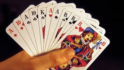 Ein Hand hält zehn Skat-Karten.
