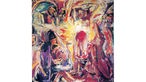 Ein sehr farbiges Gemälde: Mitten im Bild ein nackter Mann mit einem blutrotem Fleck auf dem Bauch umgeben von maskierten Personen. Das Bild ist voller Rottöne.