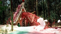 Das Beitragsbild WDR3 Kulturfeature "Witch Hunter" zeigt ein Hexenhäuschen aus Lebkuchen aus einem Kinderfilm nach dem Märchen "Hänsel und Gretel" der Gebrüder Grimm.