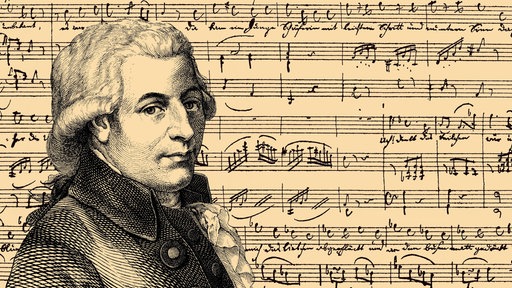 Porträt des Komponisten Wolfgang Amadeus Mozart vor von ihm geschriebenen Noten.