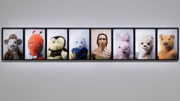 Ausstellungsansicht: Acht schwarz gerahmte Pigmentdrucke von Stofftieren und -puppen in Reihe nebenaneinder, an fünfter Stelle ein Porträt des Künstlers Mike Kelley aus Jugendjahren.